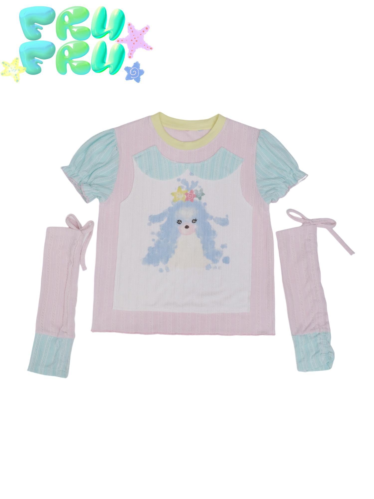 Frufru Gulu Y2K Pink Blue Contrast Puppy Print Cotton Tee For Girls