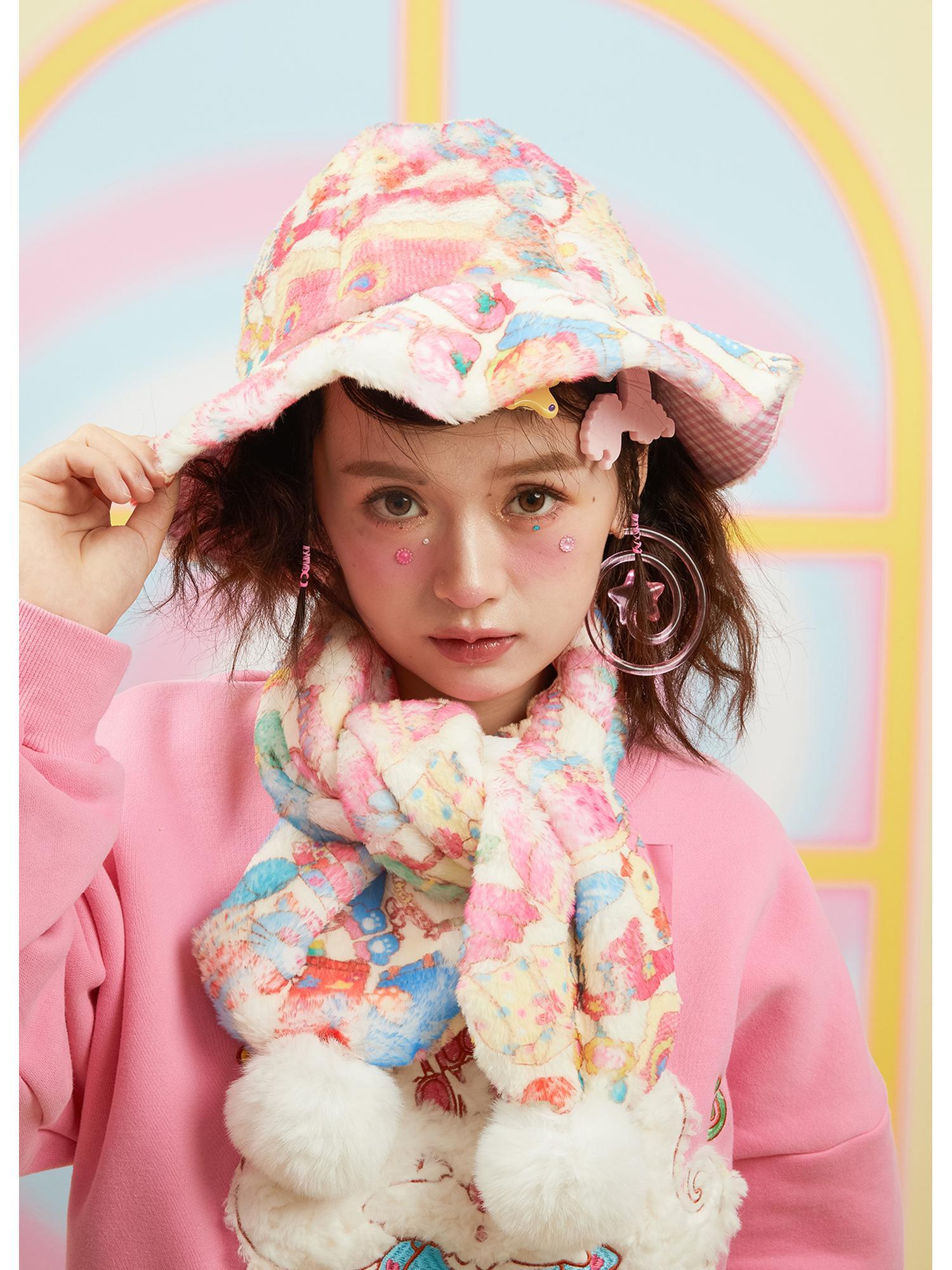 Frufru Gulu Frufruu Cute Cartoon Print Hat Scarf Set For Girls