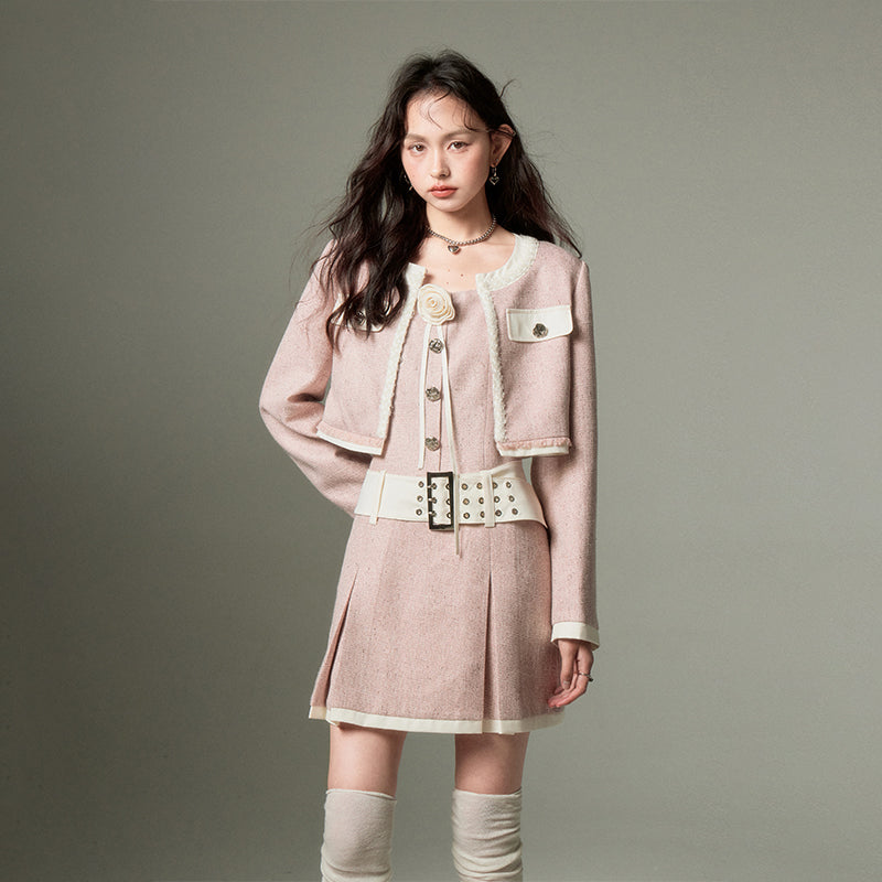 DIDDI MODA Autumn Rose Embroidered Tweed Coat Dress Set