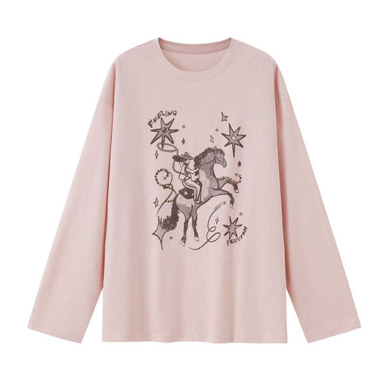 DIDDI MODA Vintage Western Cowboy Embellished Long Sleeve Tee