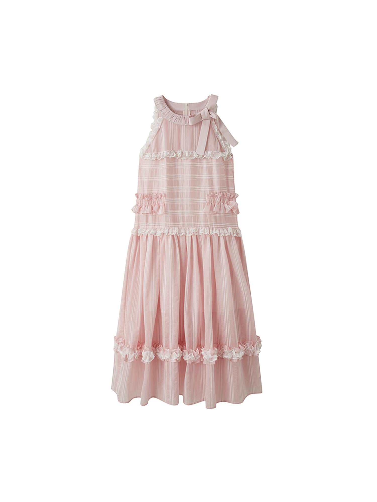 DIDDI MODA High Waisted Bow Neck Ruffled A Line Pink Vacation Dress
