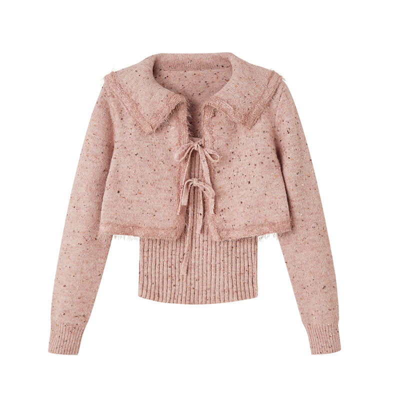 DIDDI MODA Vintage Elegant Knit Cardigan Vest Set Pink