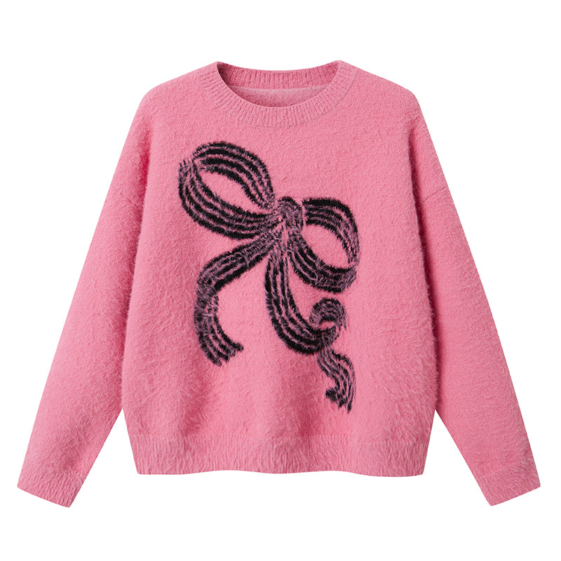 DIDDI MODA Striped Bow Knit Sweater Women Soft Loose Round Neck Mink Imitation Sweater