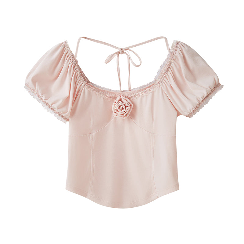 Rose Pure Knit Top With Puff Sleeves And Square Neck