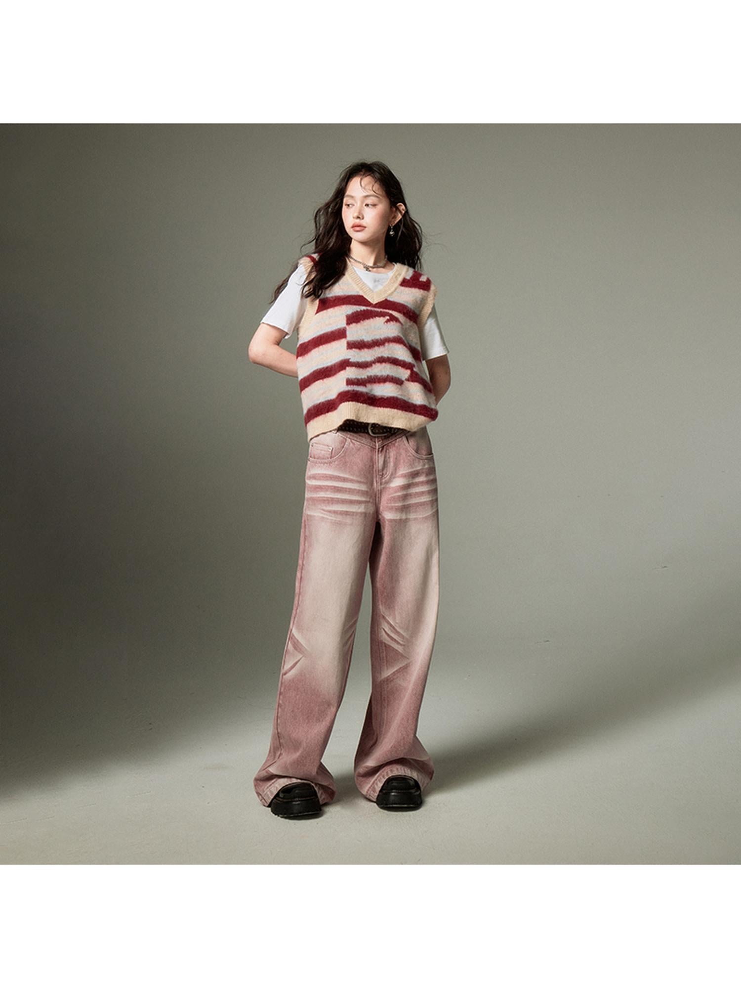 DIDDI MODA Retro Wide Leg Denim Jeans With Cat Whisker Wash