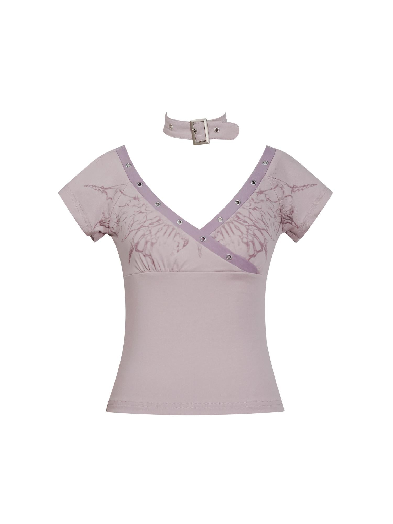 Cest Nous Pink Blue Butterfly Print Cross Neck T-Shirt