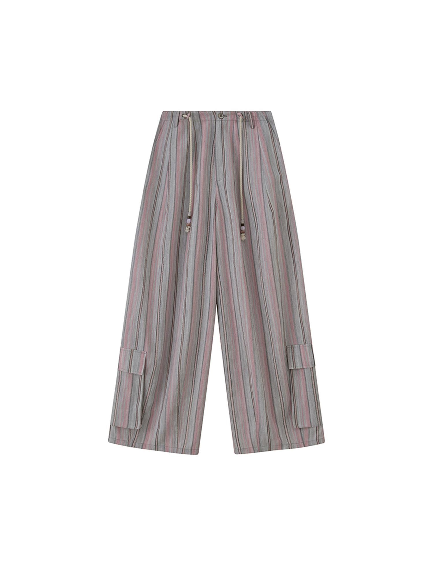 DIDDI MODA Breathable Striped Linen Feel Cotton Wide Leg Pants