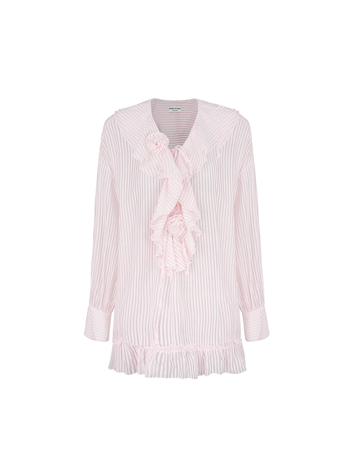 STRIKE A POSE Relaxed V-Neck Flowy Ruffle Stripe Blouse Shirt