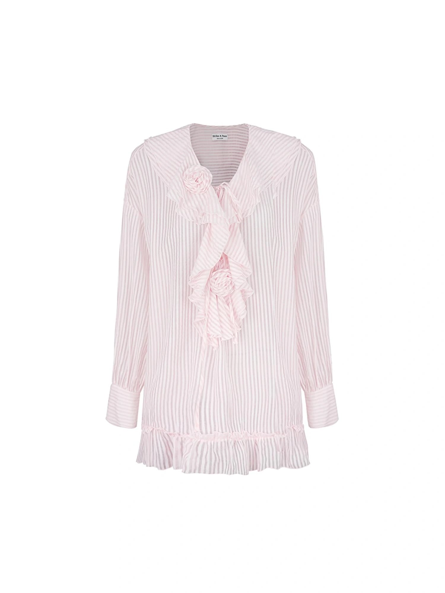 Relaxed V-Neck Flowy Ruffle Stripe Blouse Shirt