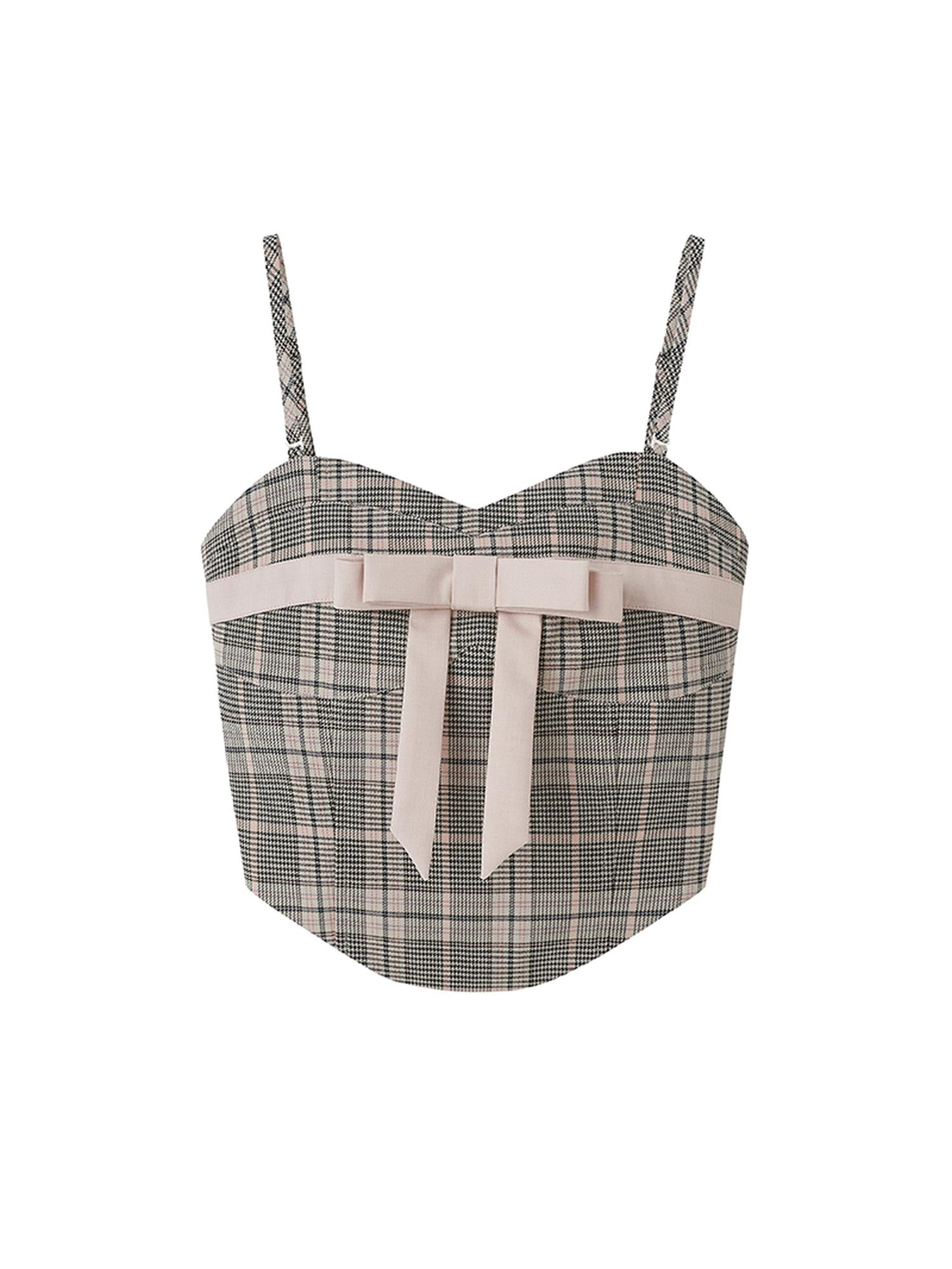 DIDDI MODA Plaid Bow Tie Bustier A Line Maxi Skirt Set