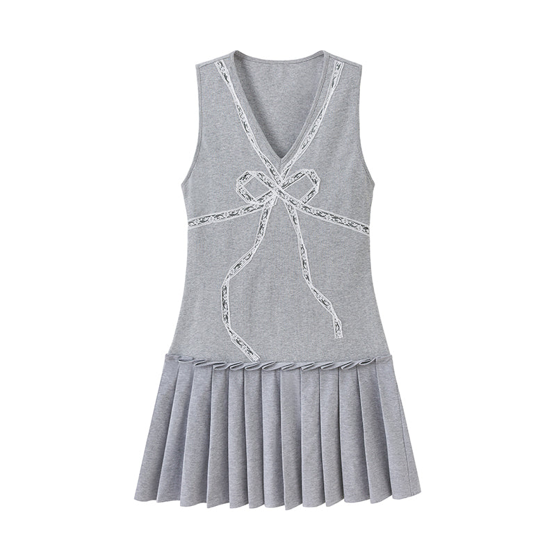 DIDDI MODA V Neck Lace Bow Ruffle Knit Dress Asymmetrical Tie Waist A Line Dress