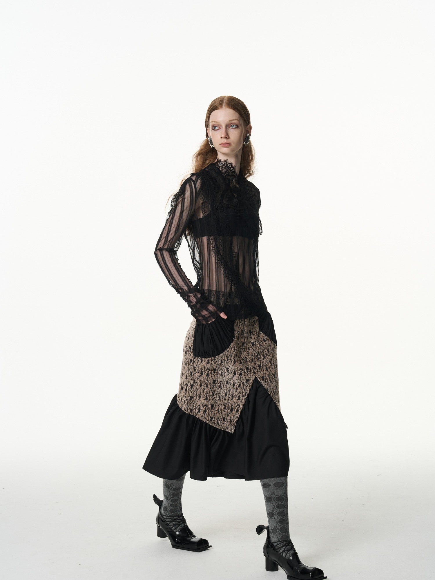 popoop Asymmetrical Jacquard Patchwork Fitted Hip Women&