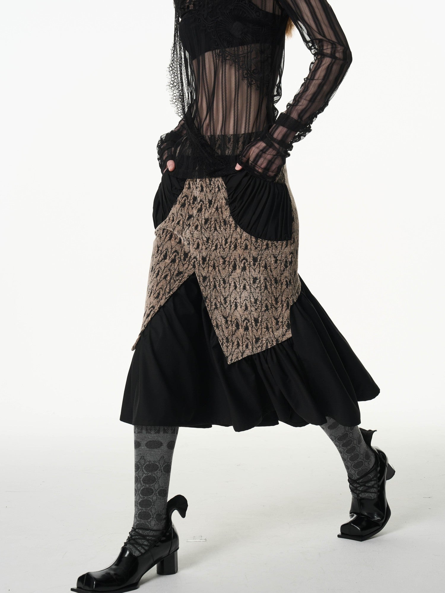 popoop Asymmetrical Jacquard Patchwork Fitted Hip Women&