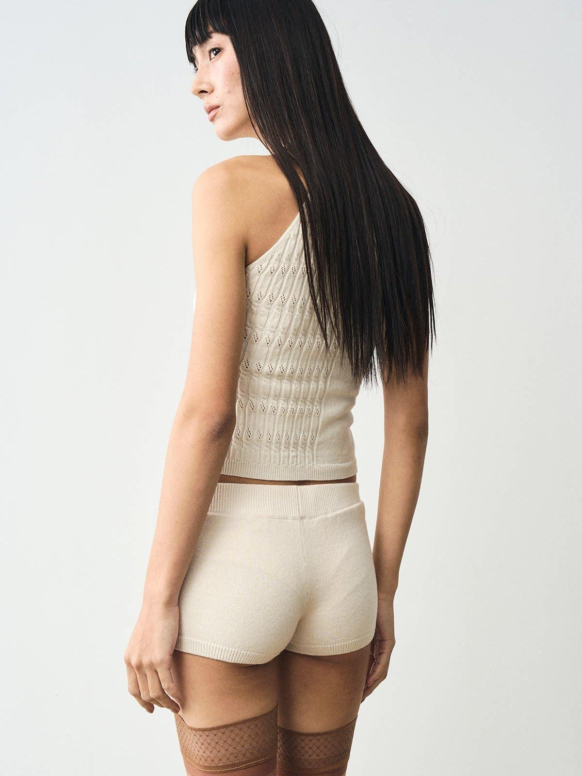 popoop Beige Cable Knit Patchwork Washed Print Women&