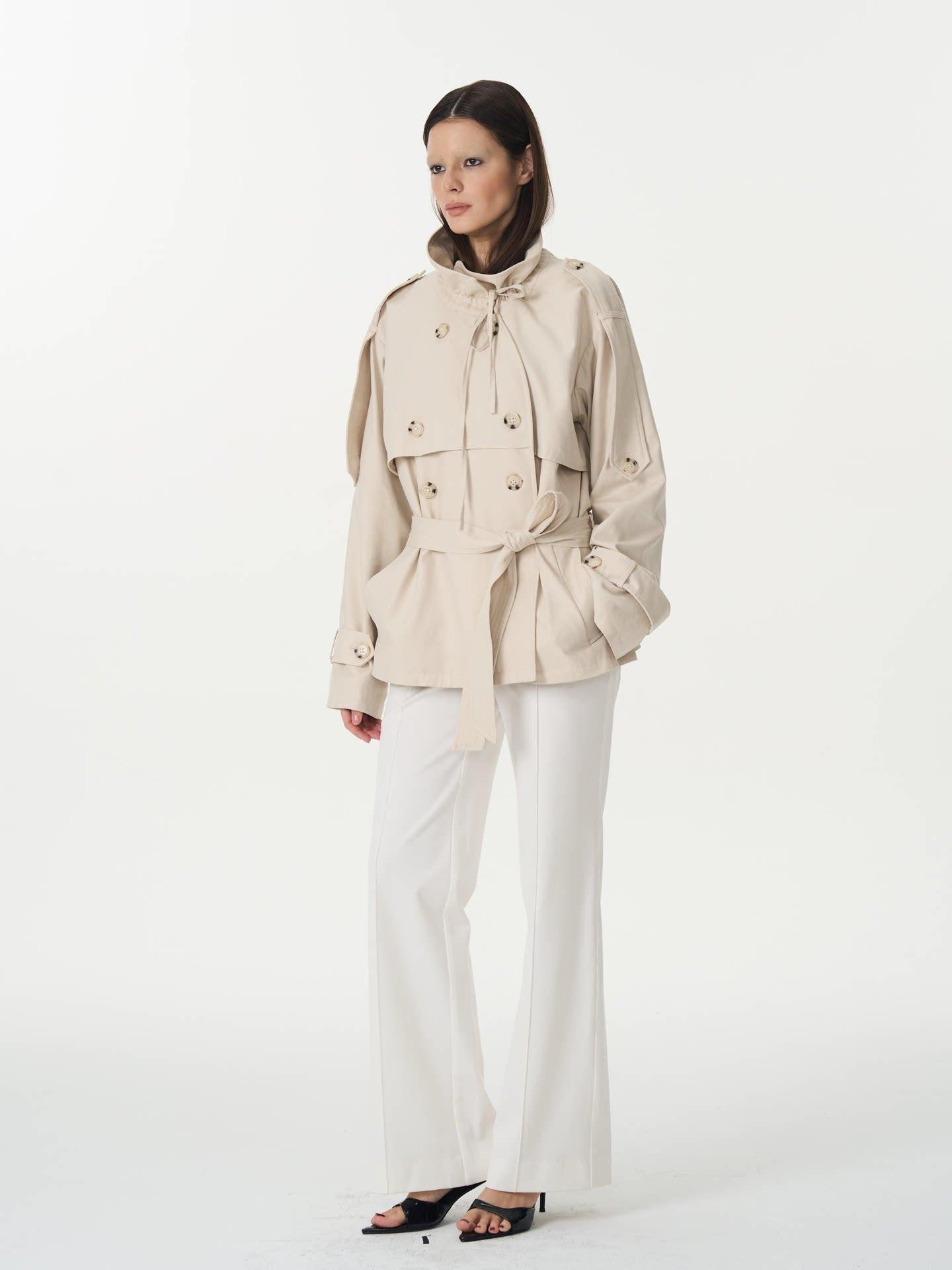 popoop Beige Double Breasted Pleated Stand Collar Waist Tie Loose Women&
