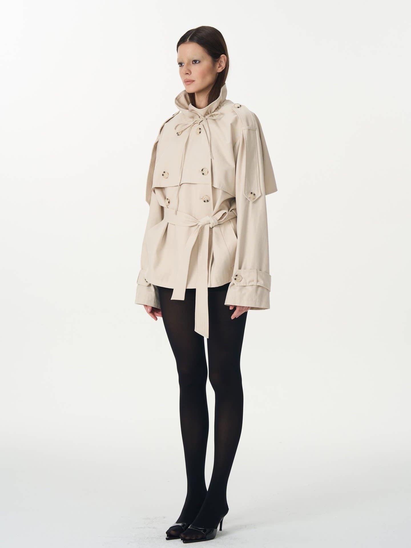 popoop Beige Double Breasted Pleated Stand Collar Waist Tie Loose Women&