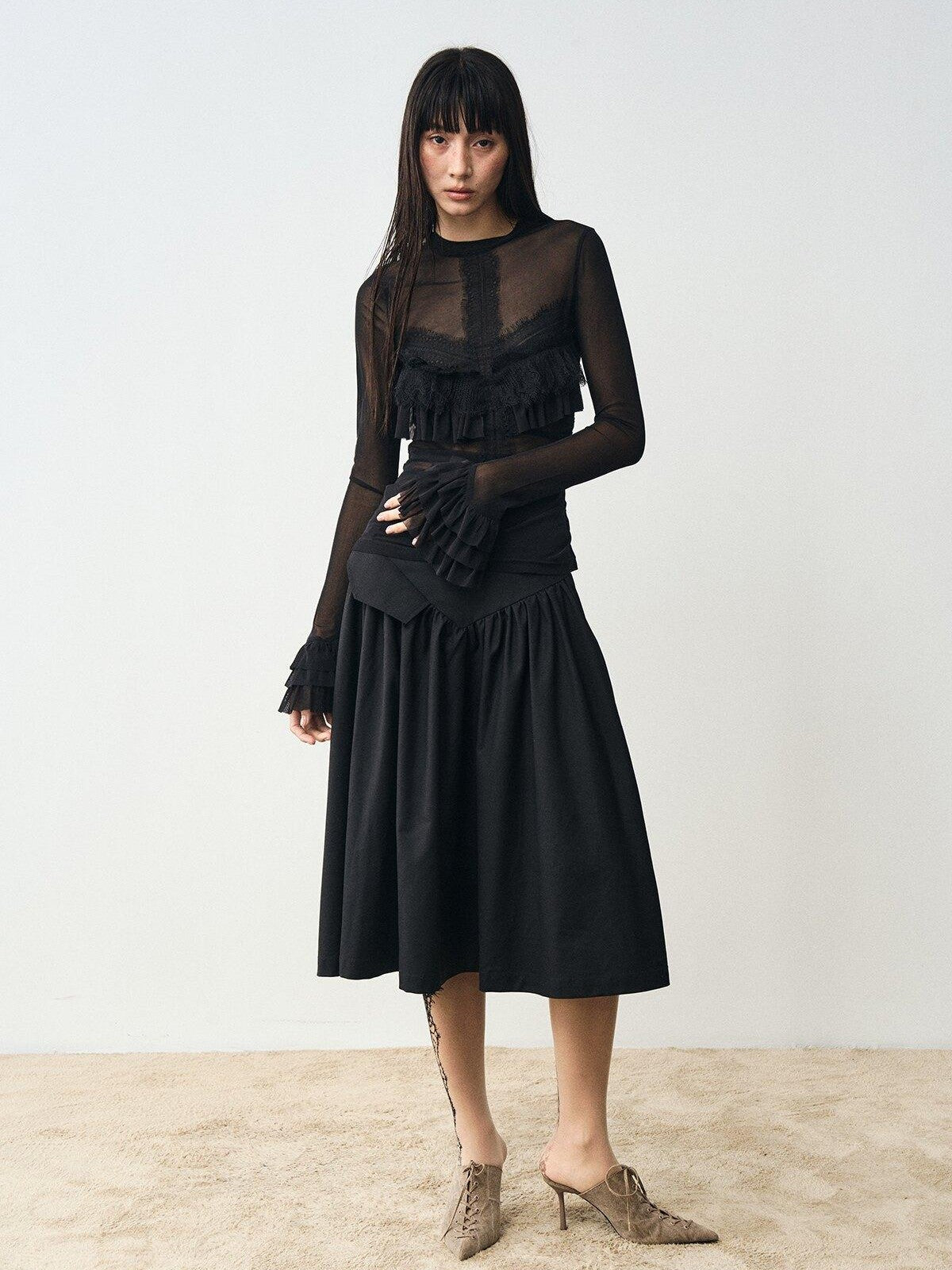 popoop Black Embellished Lace Panel Ruffle Sleeve Women&