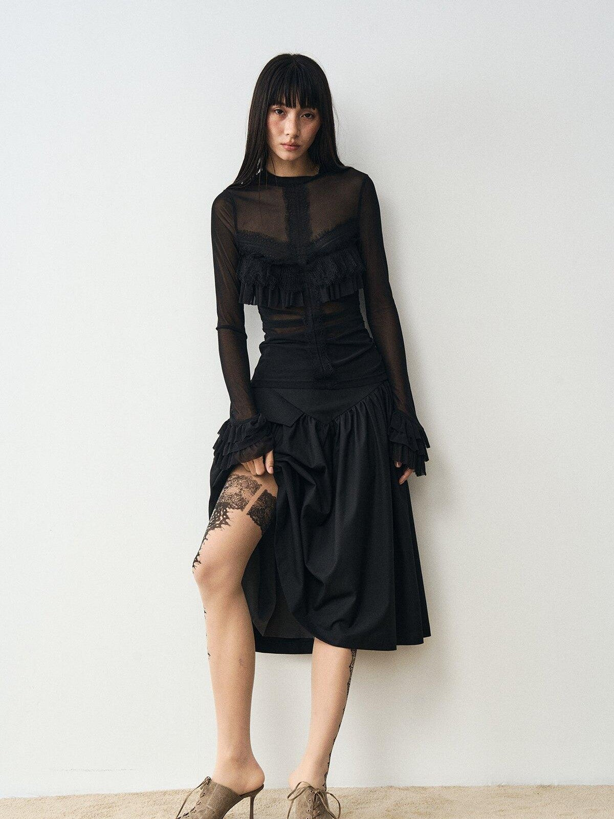 popoop Black Embellished Lace Panel Ruffle Sleeve Women&