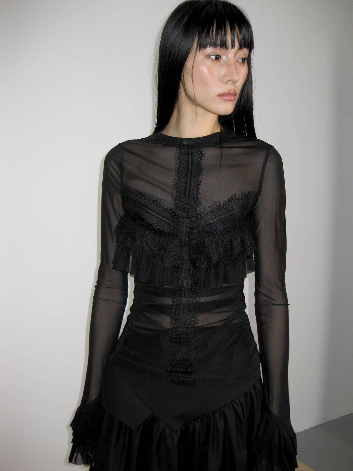 popoop Black Embellished Lace Panel Ruffle Sleeve Women&