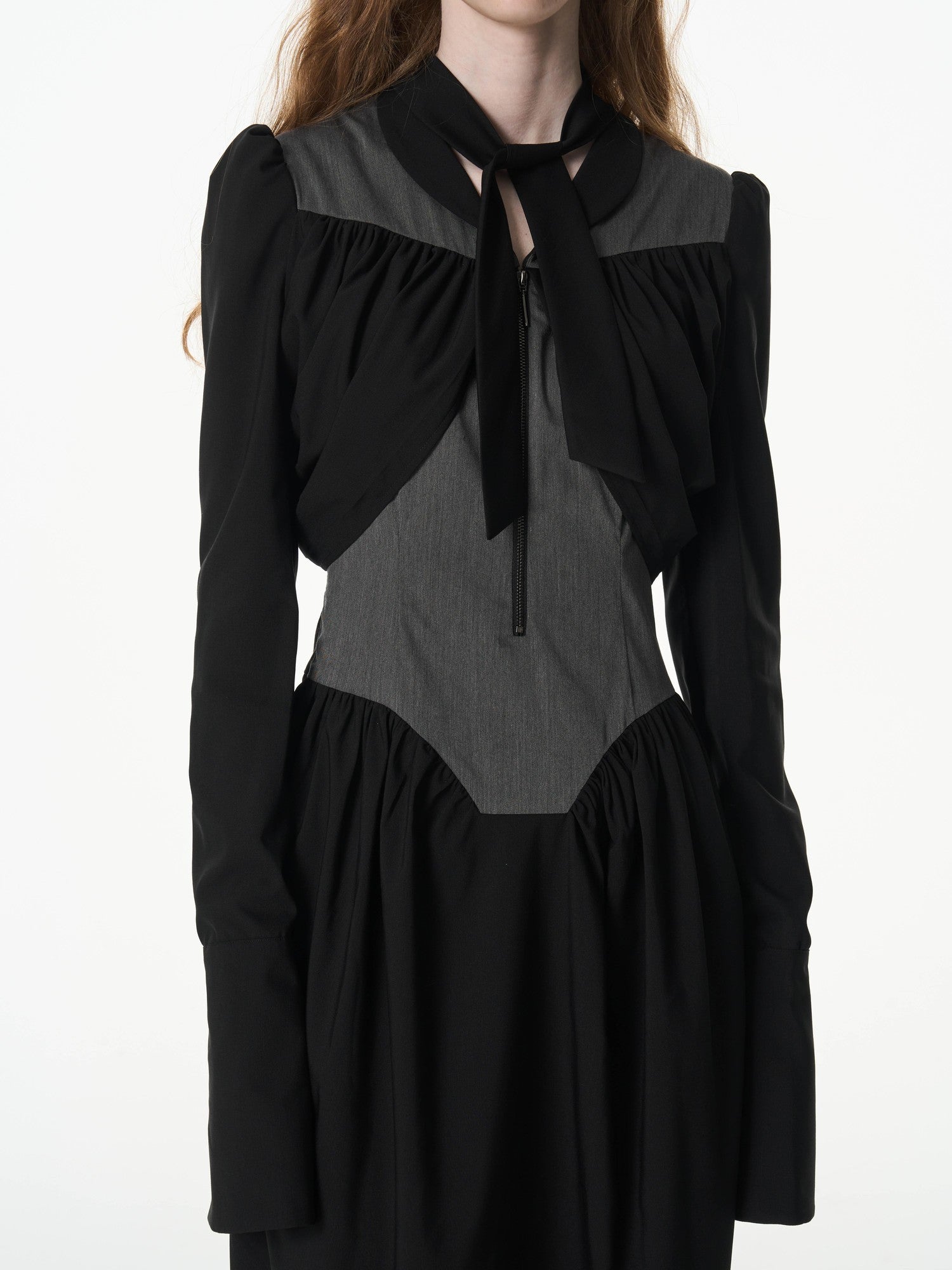 popoop Black Gray Pleated Tie Neck Slim Fit Long Sleeve Women&