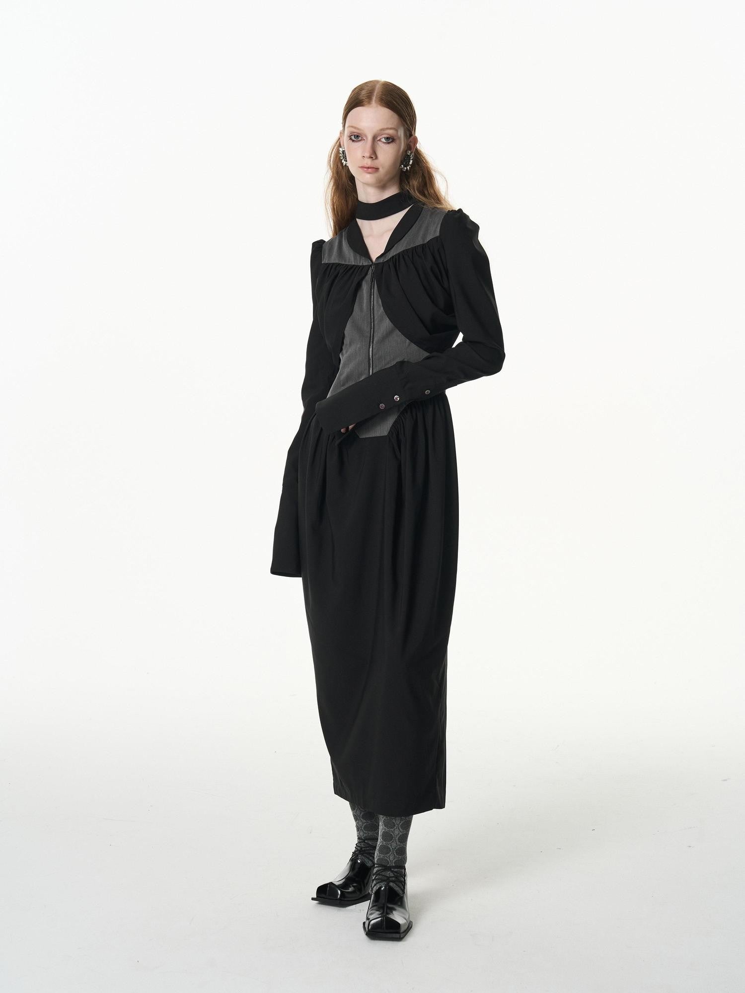 popoop Black Gray Pleated Tie Neck Slim Fit Long Sleeve Women&