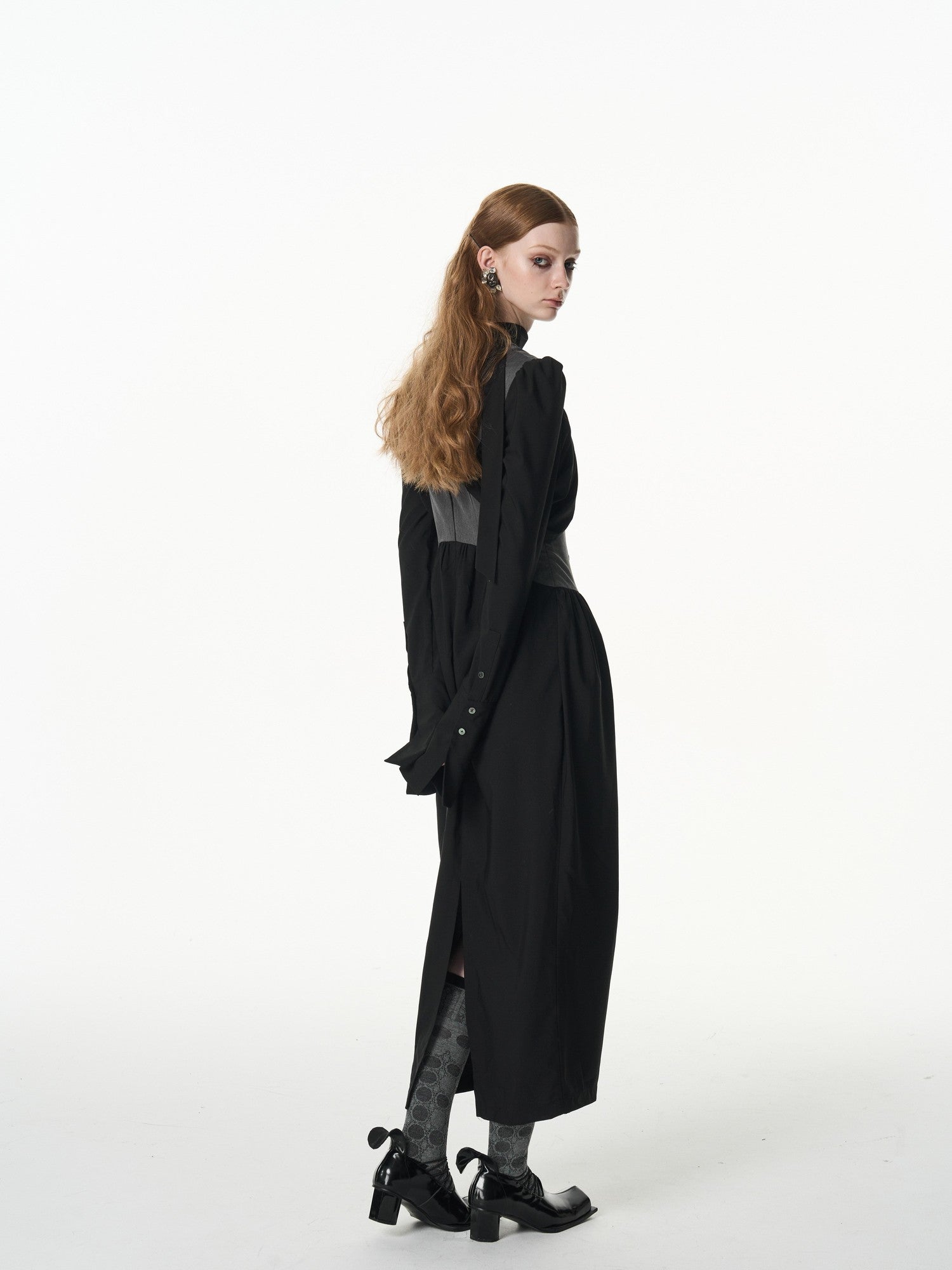 popoop Black Gray Pleated Tie Neck Slim Fit Long Sleeve Women&