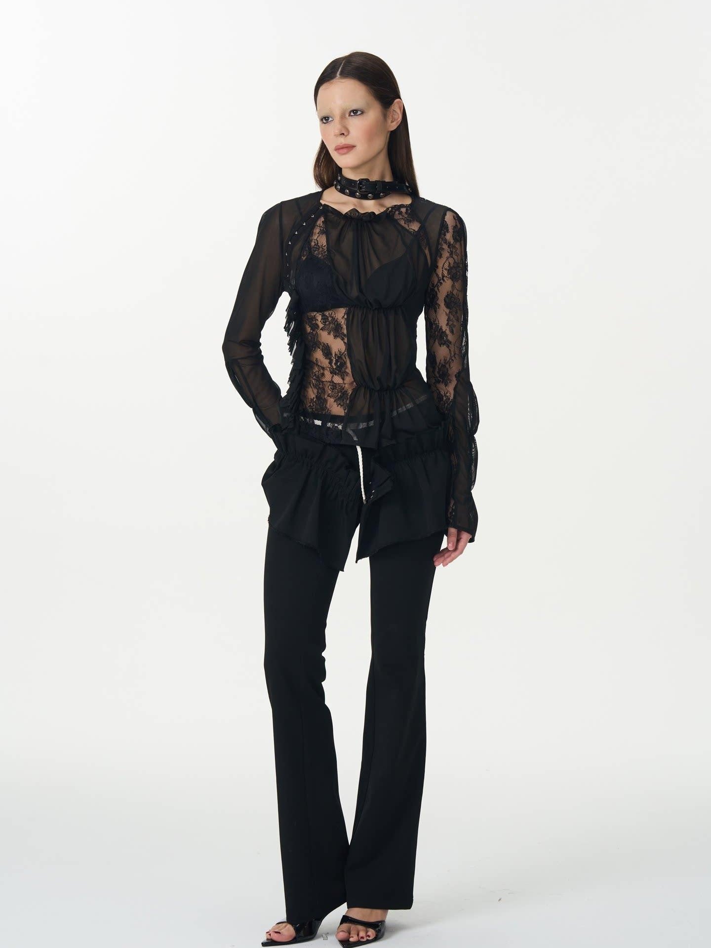 popoop Black Hook Closure Mesh Lace Ruched Stretch Women&