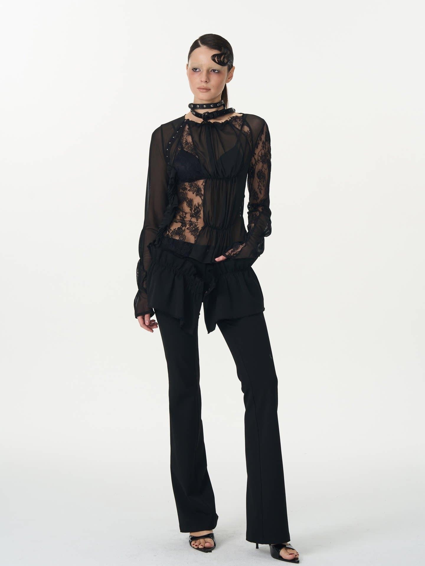 popoop Black Hook Closure Mesh Lace Ruched Stretch Women&