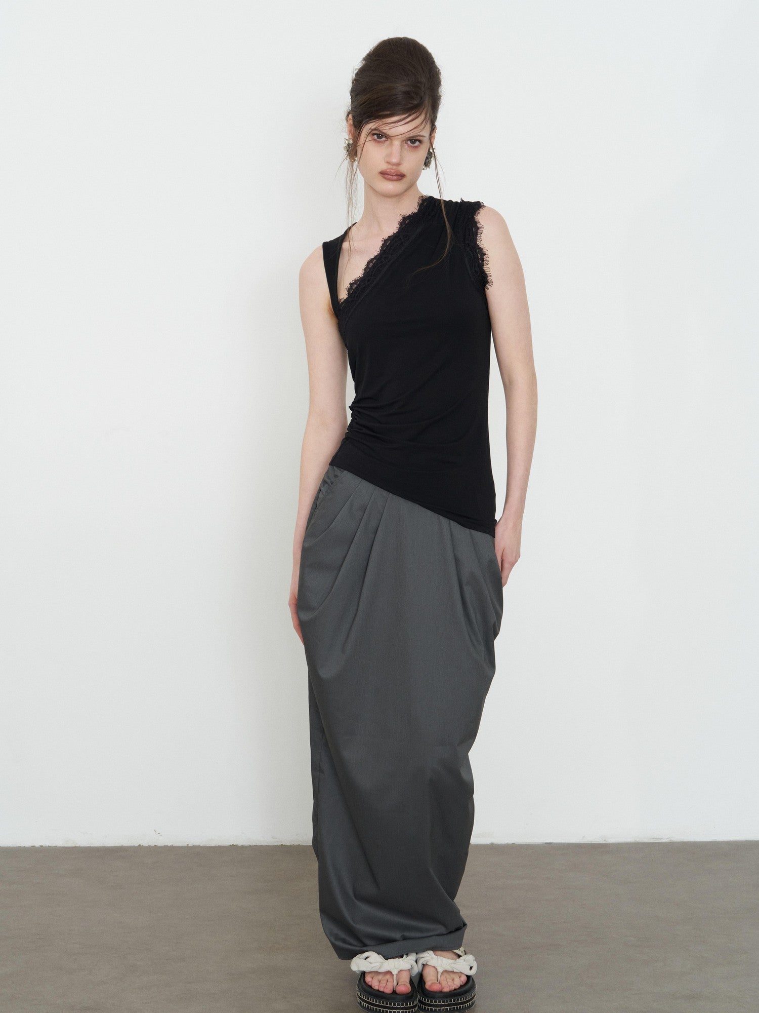 popoop Black Lace Ruched Asymmetrical Neckline Fitted Women&
