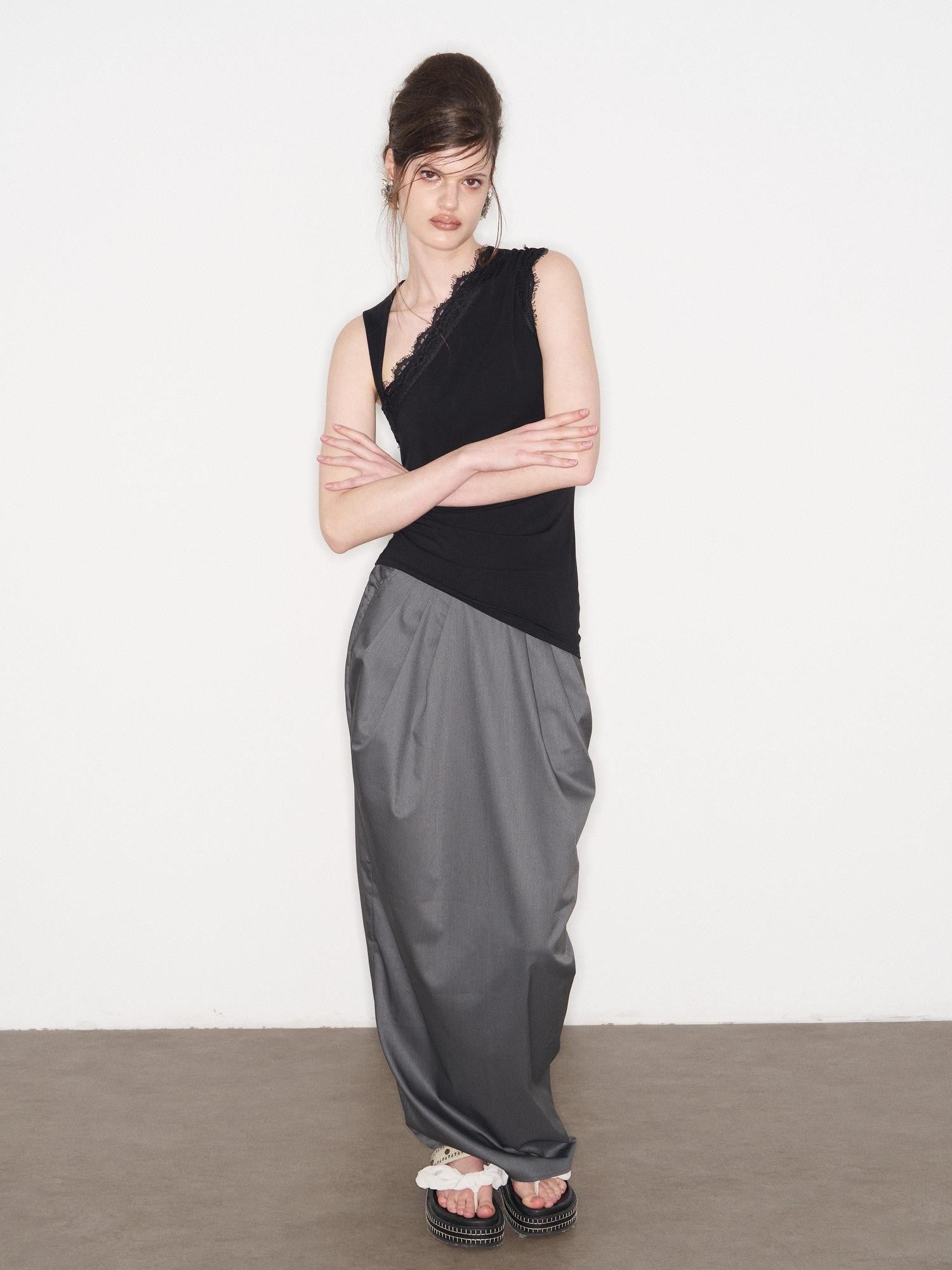 popoop Black Lace Ruched Asymmetrical Neckline Fitted Women&