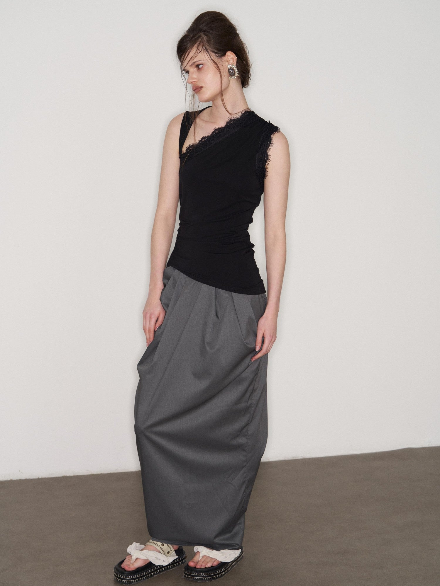 popoop Black Lace Ruched Asymmetrical Neckline Fitted Women&