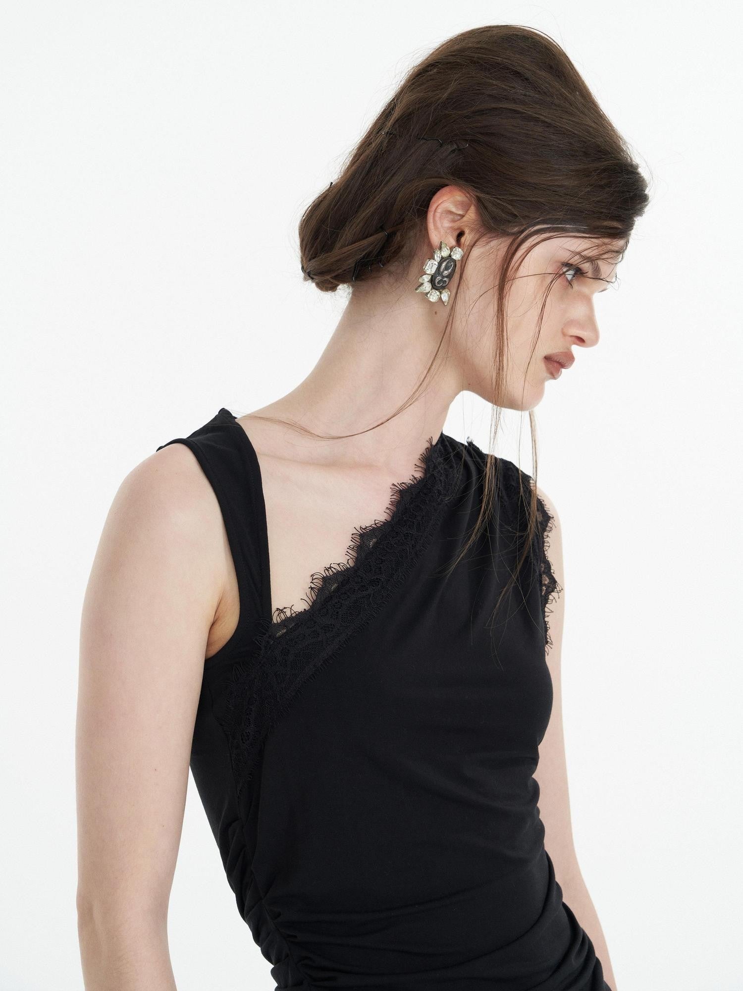 popoop Black Lace Ruched Asymmetrical Neckline Fitted Women&