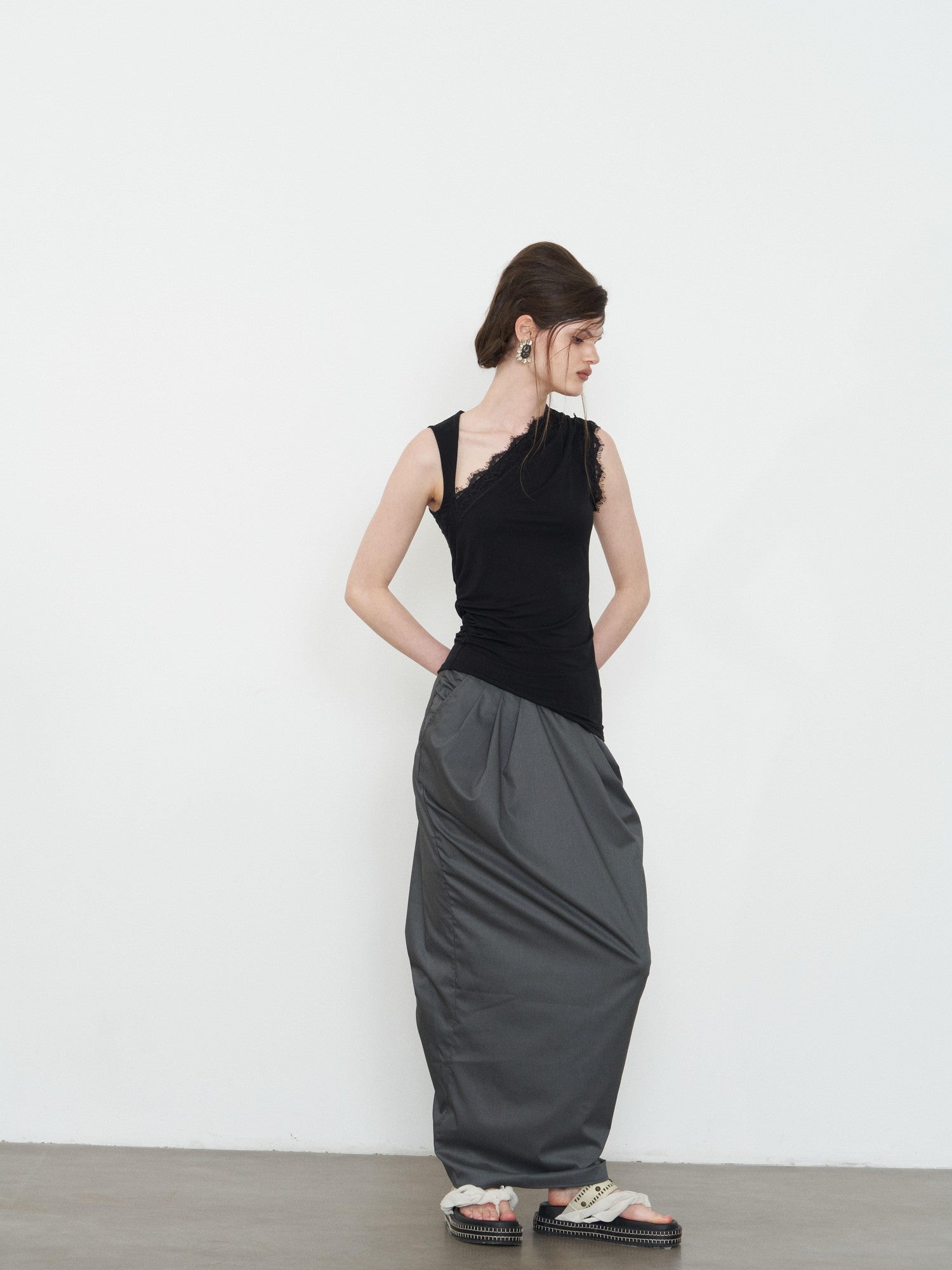 popoop Black Lace Ruched Asymmetrical Neckline Fitted Women&