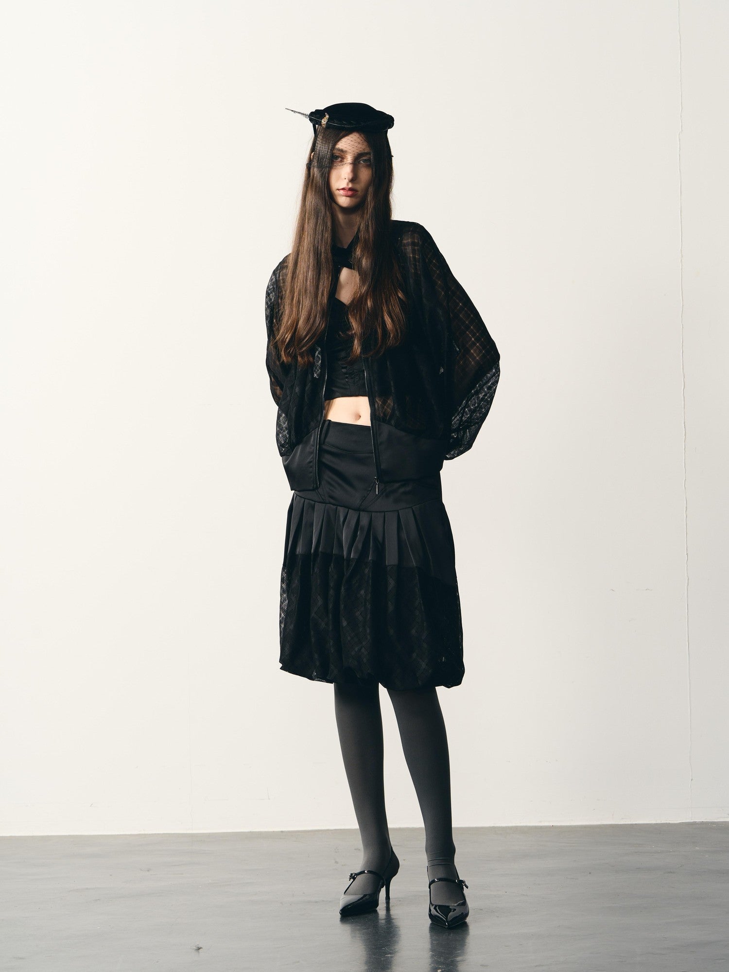 popoop Black Lantern Sleeve High Neck Checkered Sheer Loose Women&