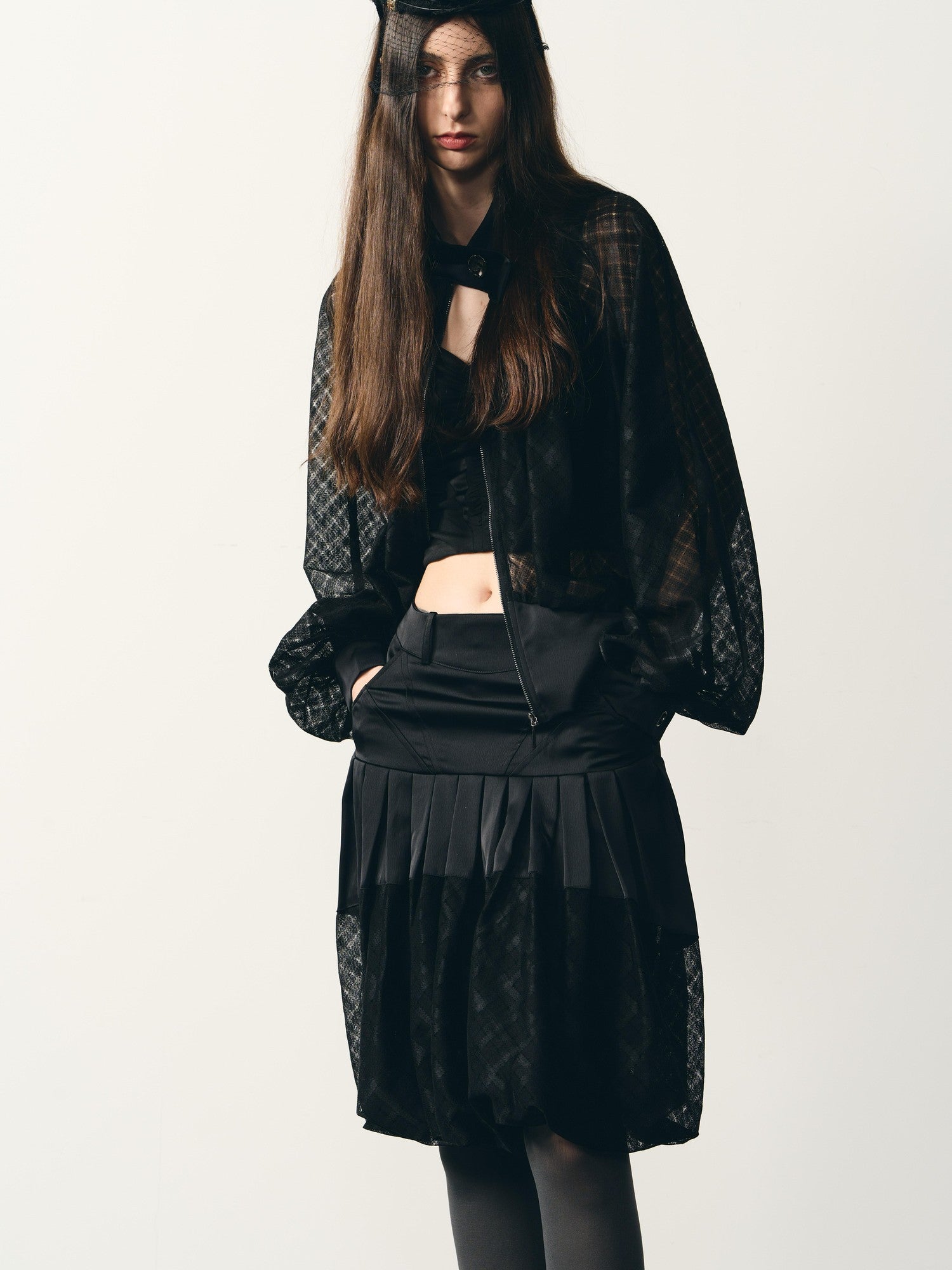 popoop Black Lantern Sleeve High Neck Checkered Sheer Loose Women&