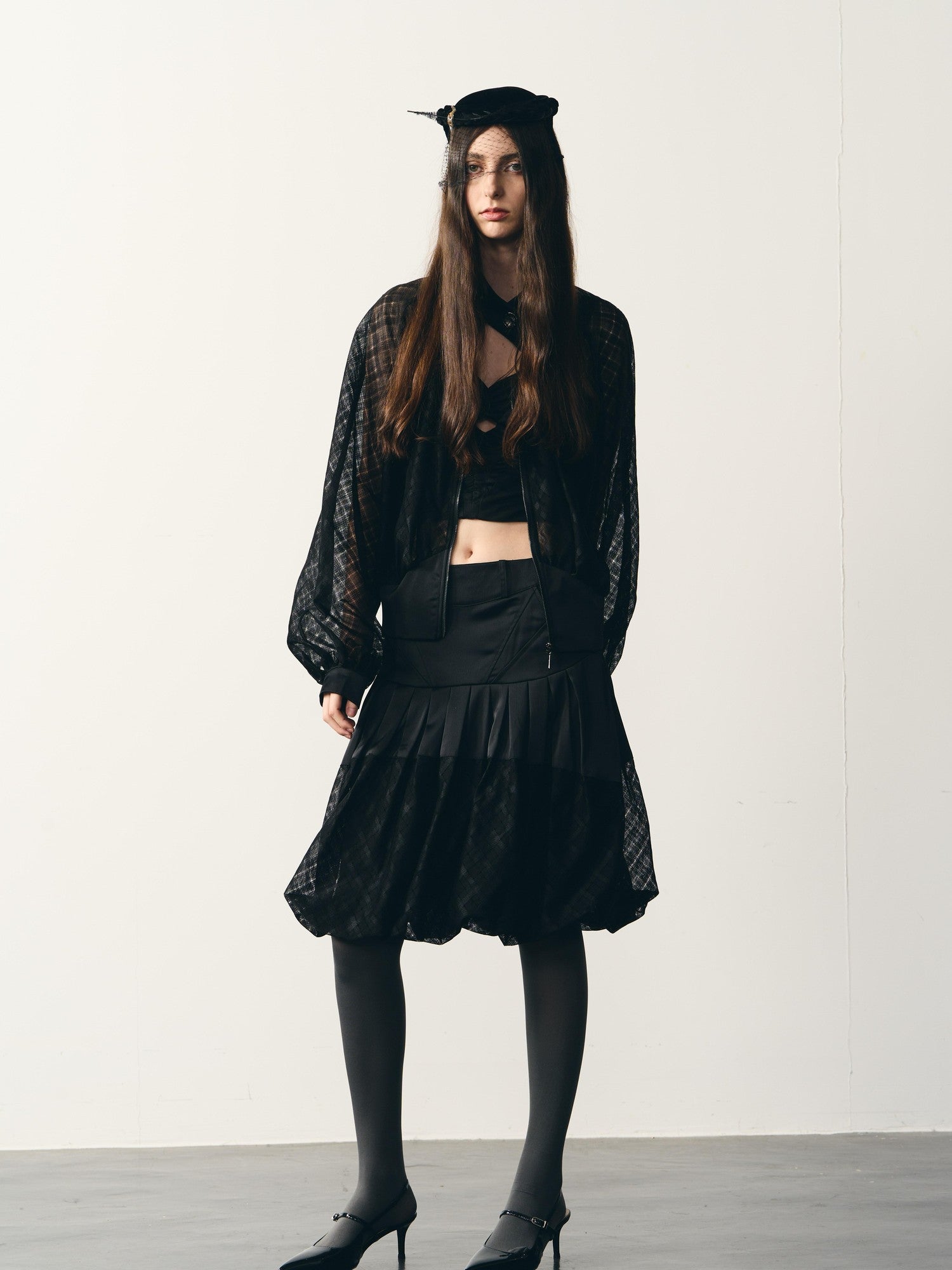 popoop Black Lantern Sleeve High Neck Checkered Sheer Loose Women&