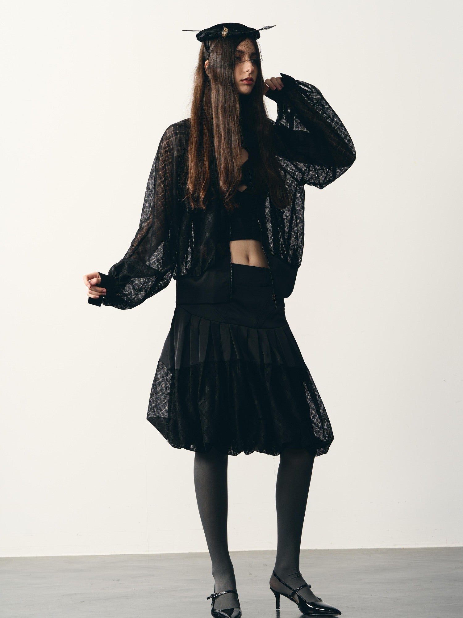popoop Black Lantern Sleeve High Neck Checkered Sheer Loose Women&