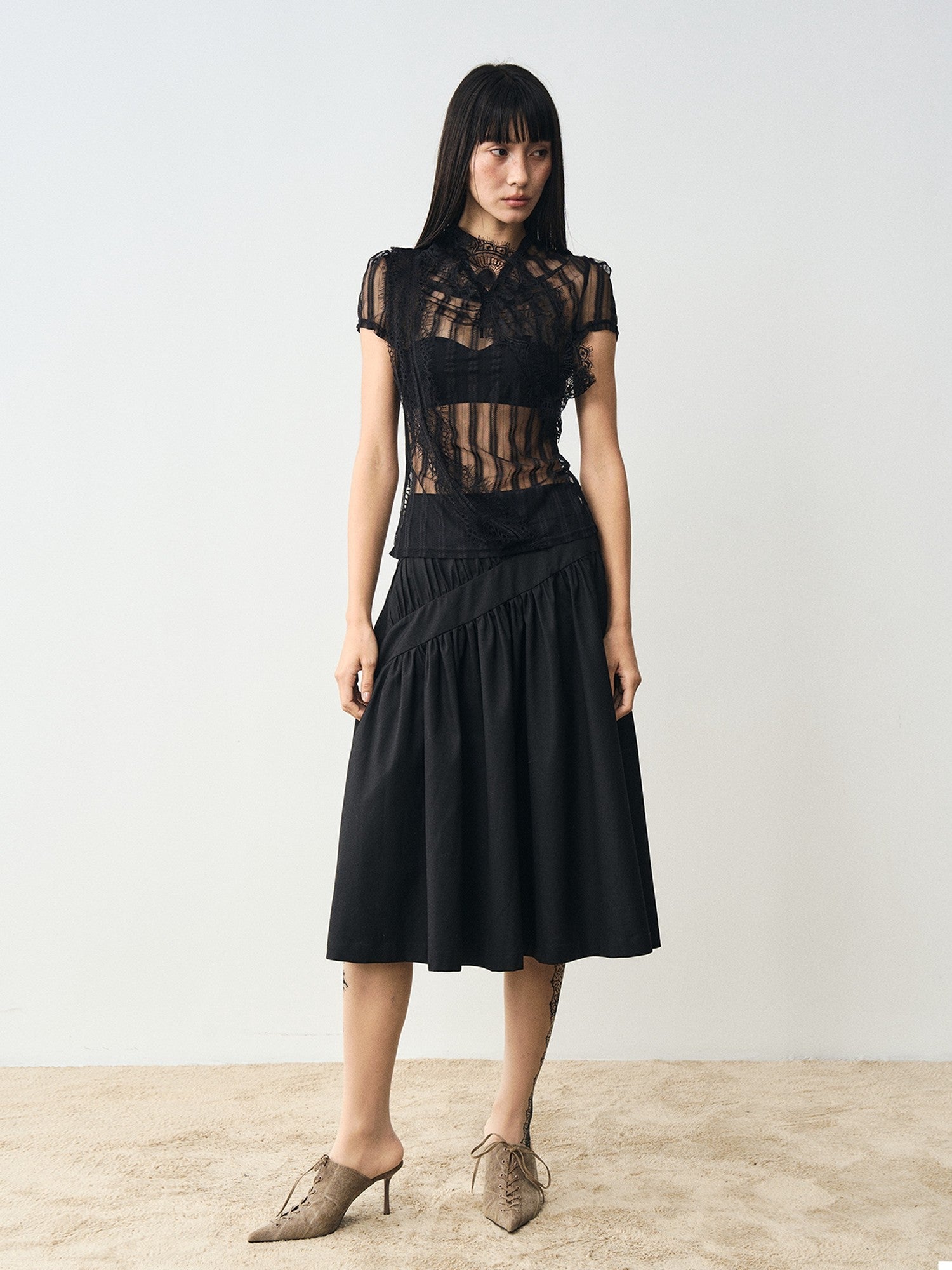 popoop Black Mesh Lace Close Fitting Women&