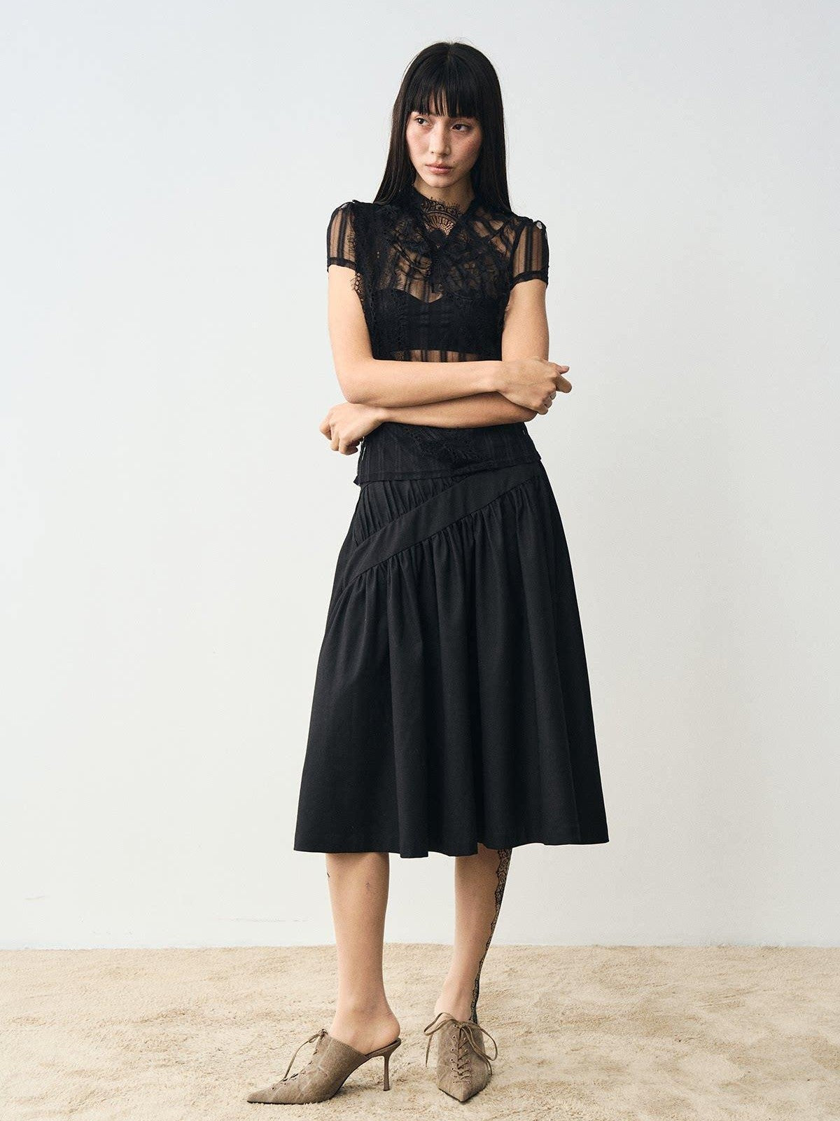 popoop Black Mesh Lace Close Fitting Women&