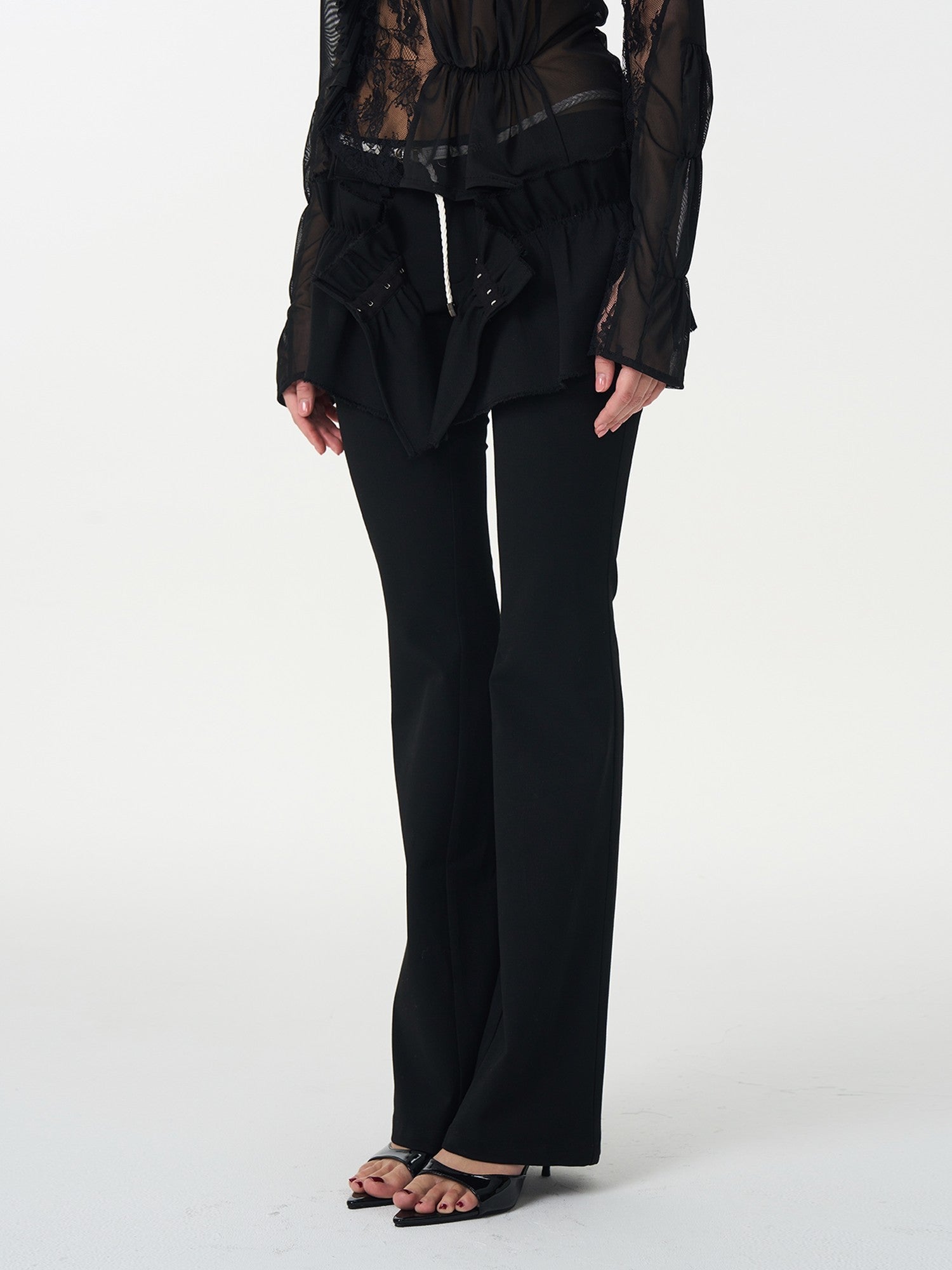 popoop Black Pleated Frayed Hem Button Placket Slim Stretch Women&