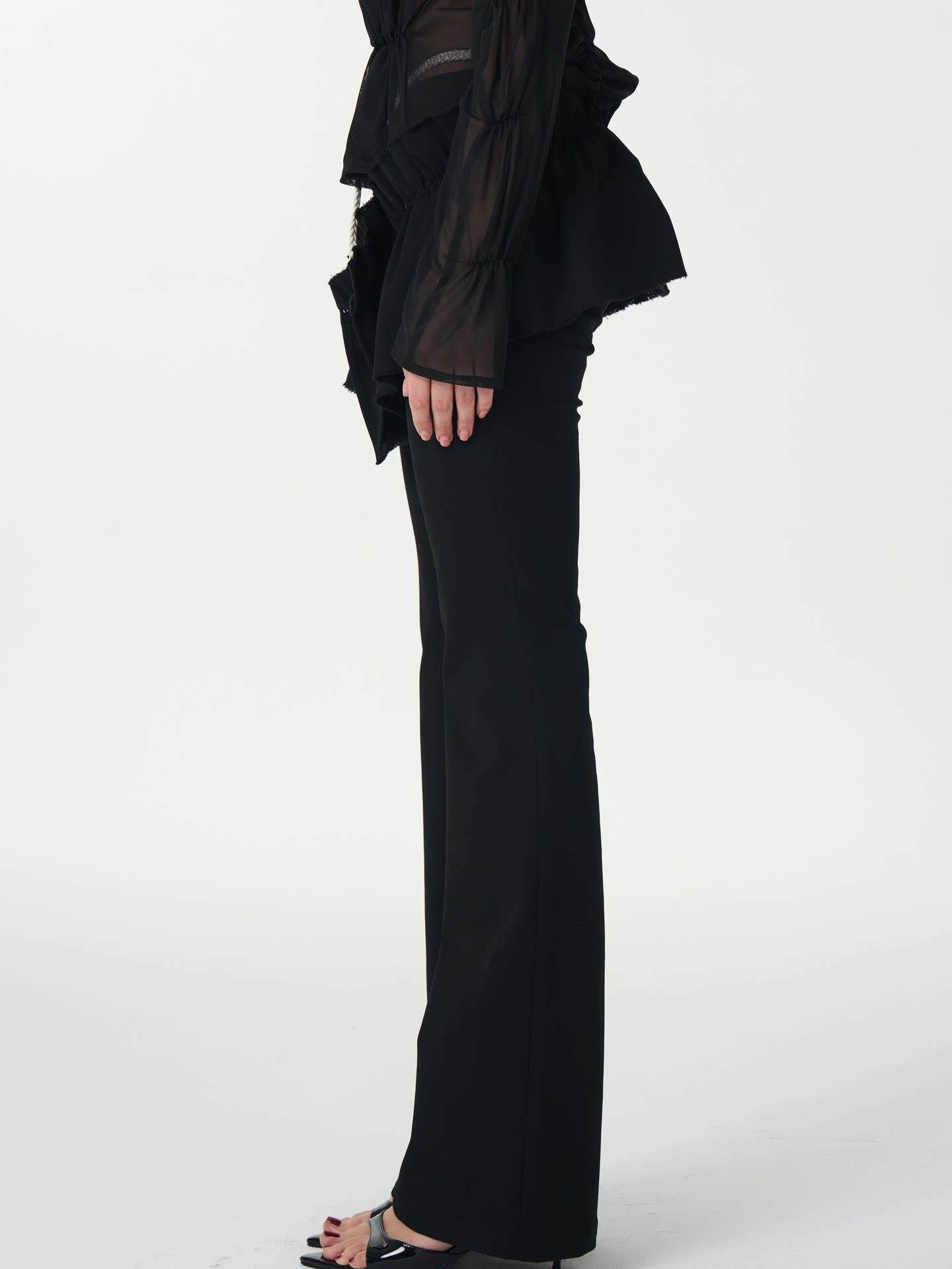 popoop Black Pleated Frayed Hem Button Placket Slim Stretch Women&