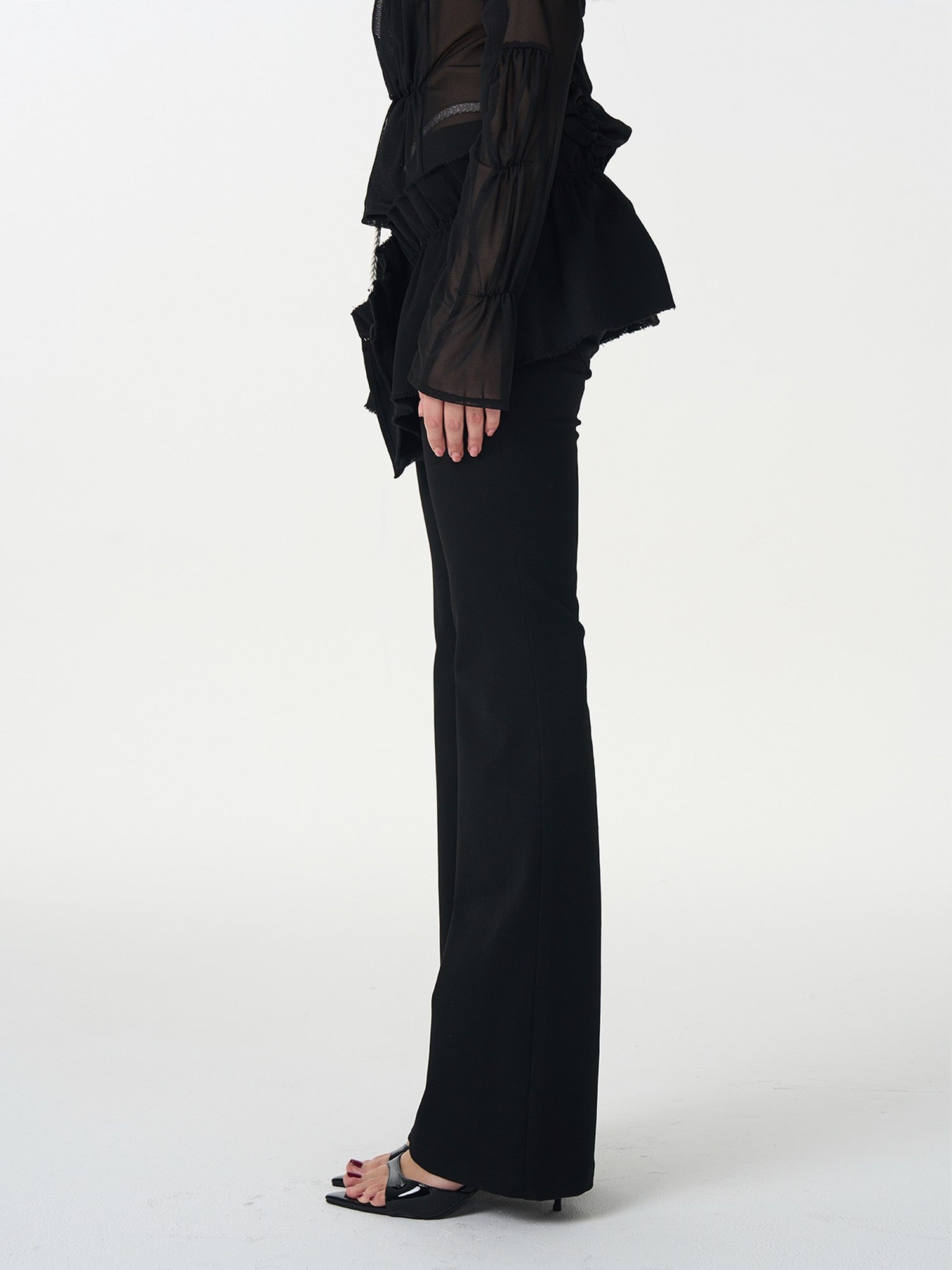 popoop Black Pleated Frayed Hem Button Placket Slim Stretch Women&