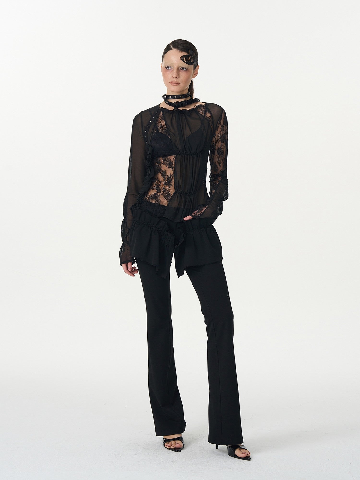 popoop Black Pleated Frayed Hem Button Placket Slim Stretch Women&