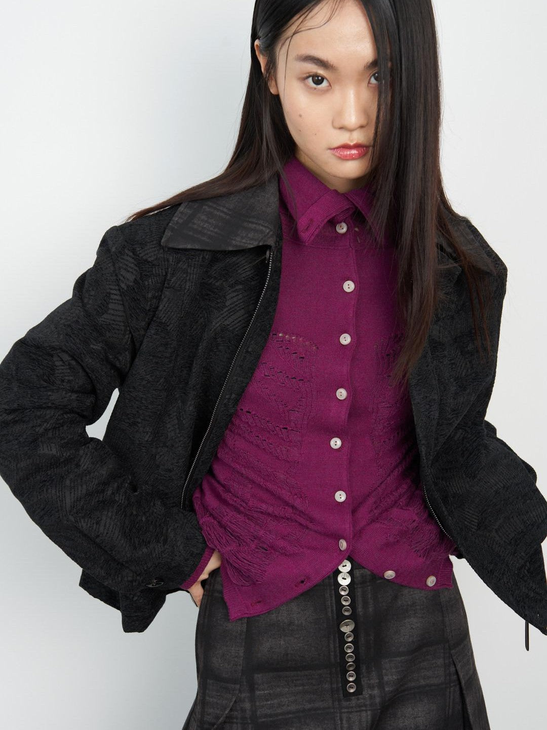 popoop Black Relaxed Patchwork Plaid Collar Women&
