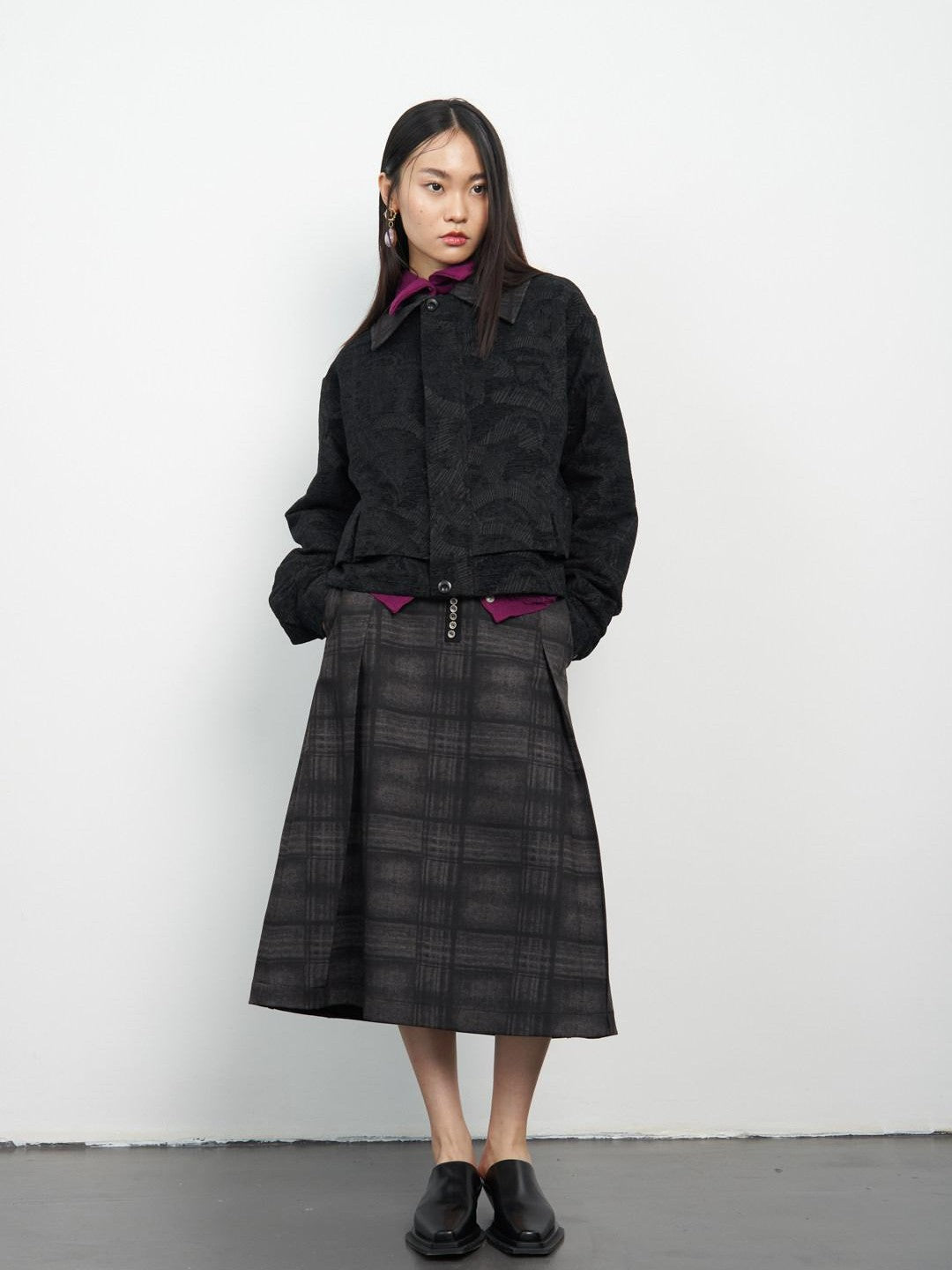 popoop Black Relaxed Patchwork Plaid Collar Women&