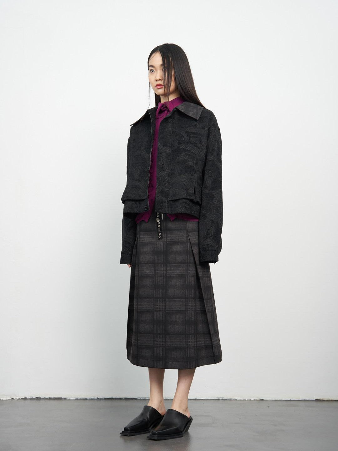 popoop Black Relaxed Patchwork Plaid Collar Women&