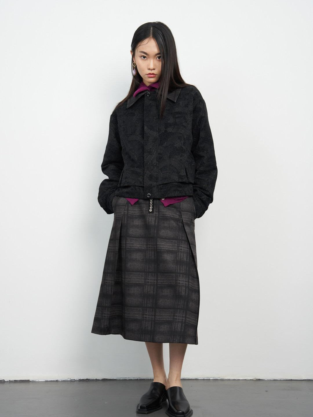 popoop Black Relaxed Patchwork Plaid Collar Women&