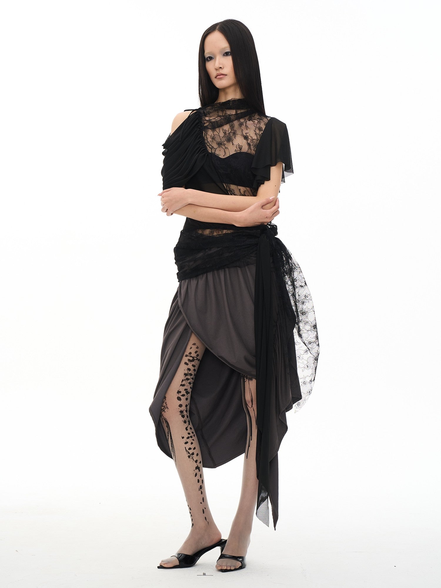 popoop Black Ruched Knot Panel Asym Hem Women&