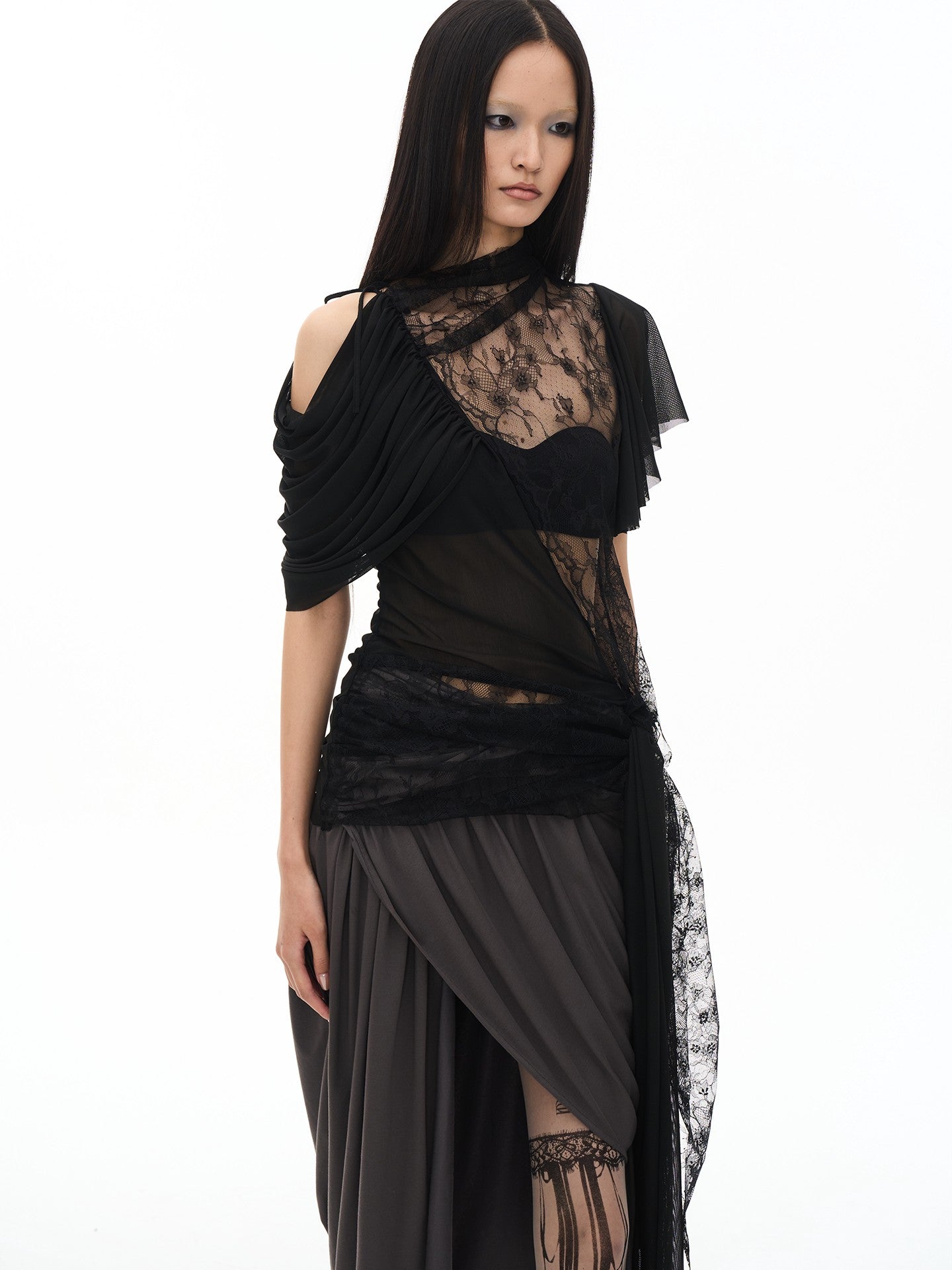 popoop Black Ruched Knot Panel Asym Hem Women&