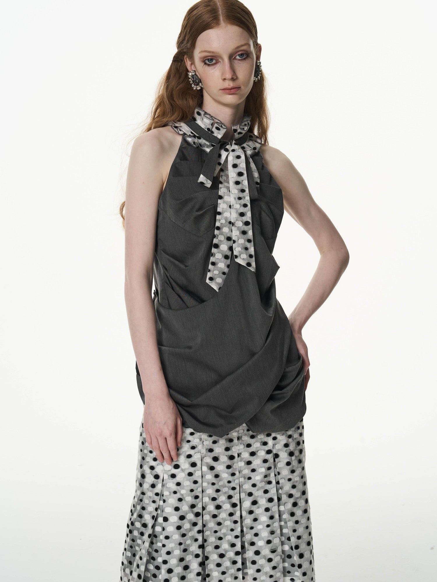 popoop Black White Polka Dot Panelled Pleated Convertible Women&